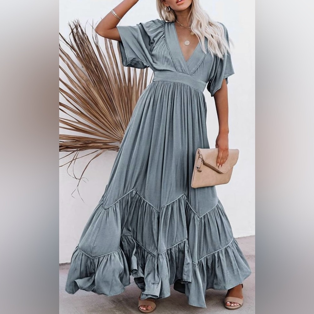 Grey Maxi Dress with pockets and deep V neck: pull on, tie back, tiered skirt